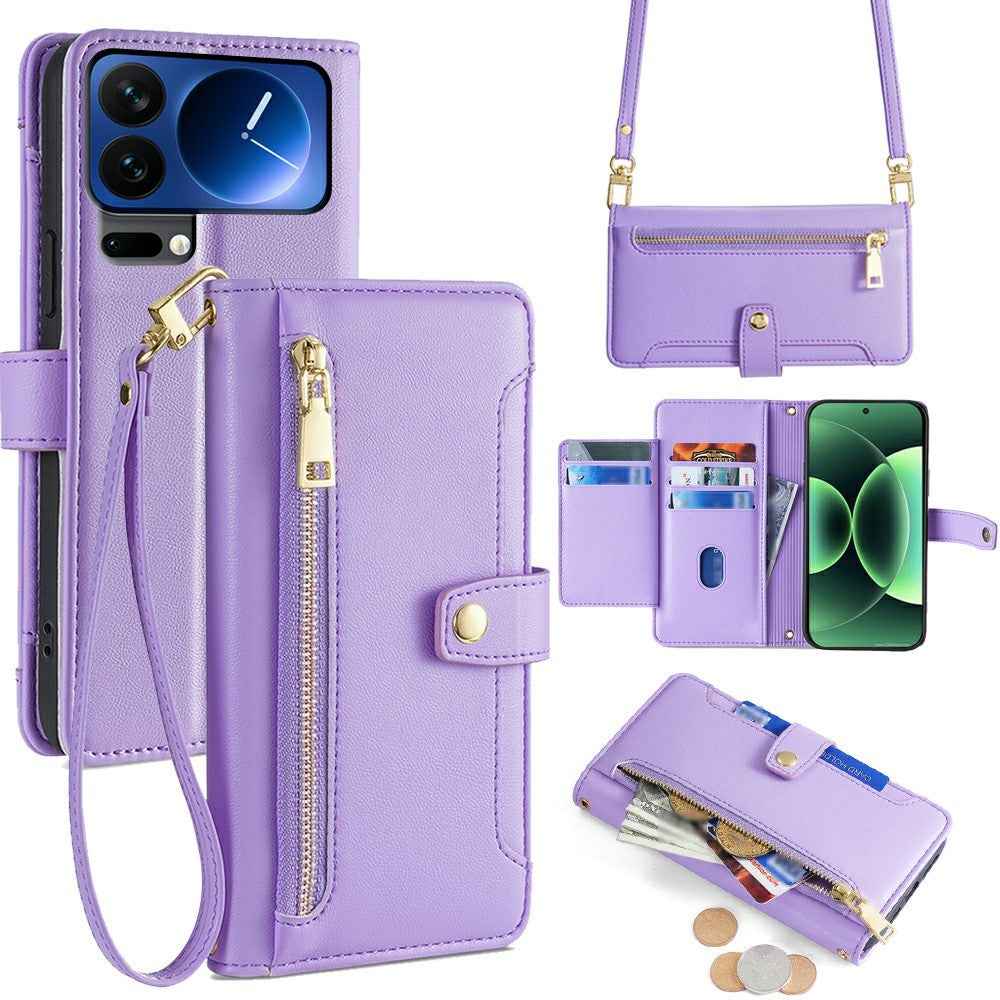 For Xiaomi 17 Pro Leather Case Zipper Pocket Wallet Phone Cover with 2 Straps - Purple