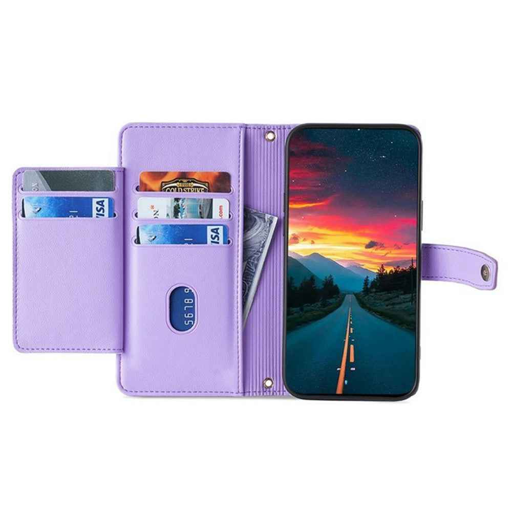 For Xiaomi 17 Pro Leather Case Zipper Pocket Wallet Phone Cover with 2 Straps - Purple
