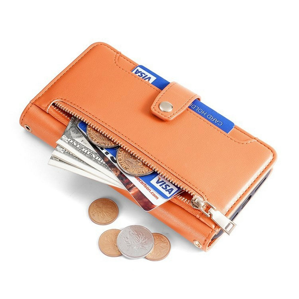 For Xiaomi 17 Pro Max Leather Case Zipper Pocket Wallet Phone Cover with 2 Straps - Orange