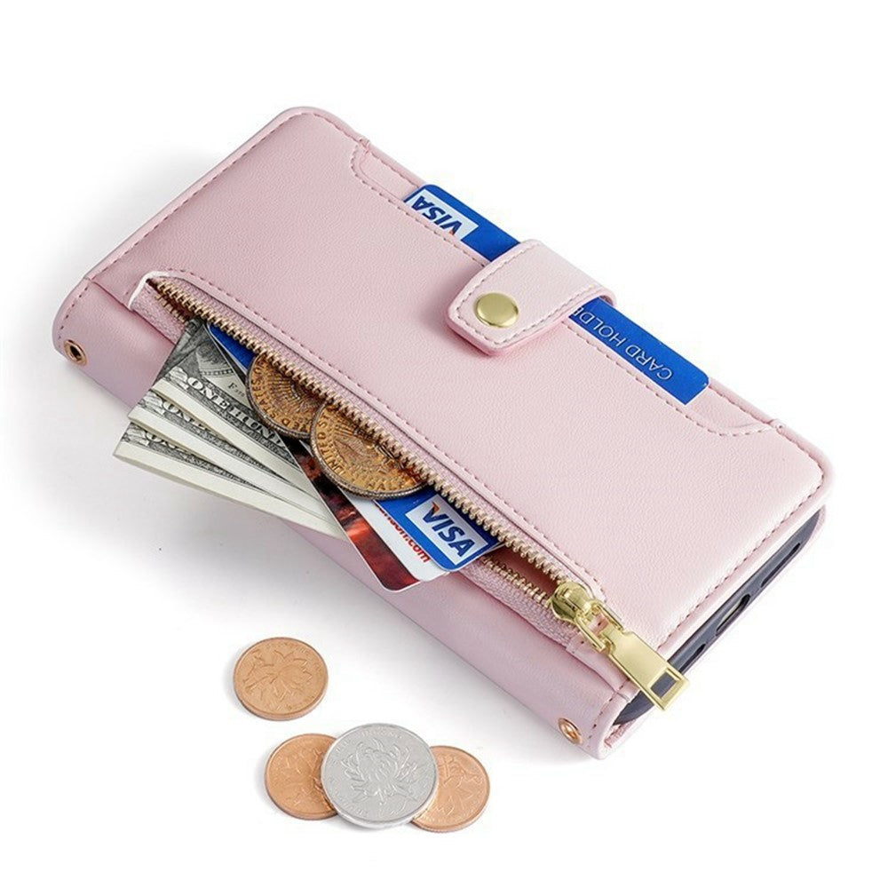 For Xiaomi 17 Pro Max Leather Case Zipper Pocket Wallet Phone Cover with 2 Straps - Pink