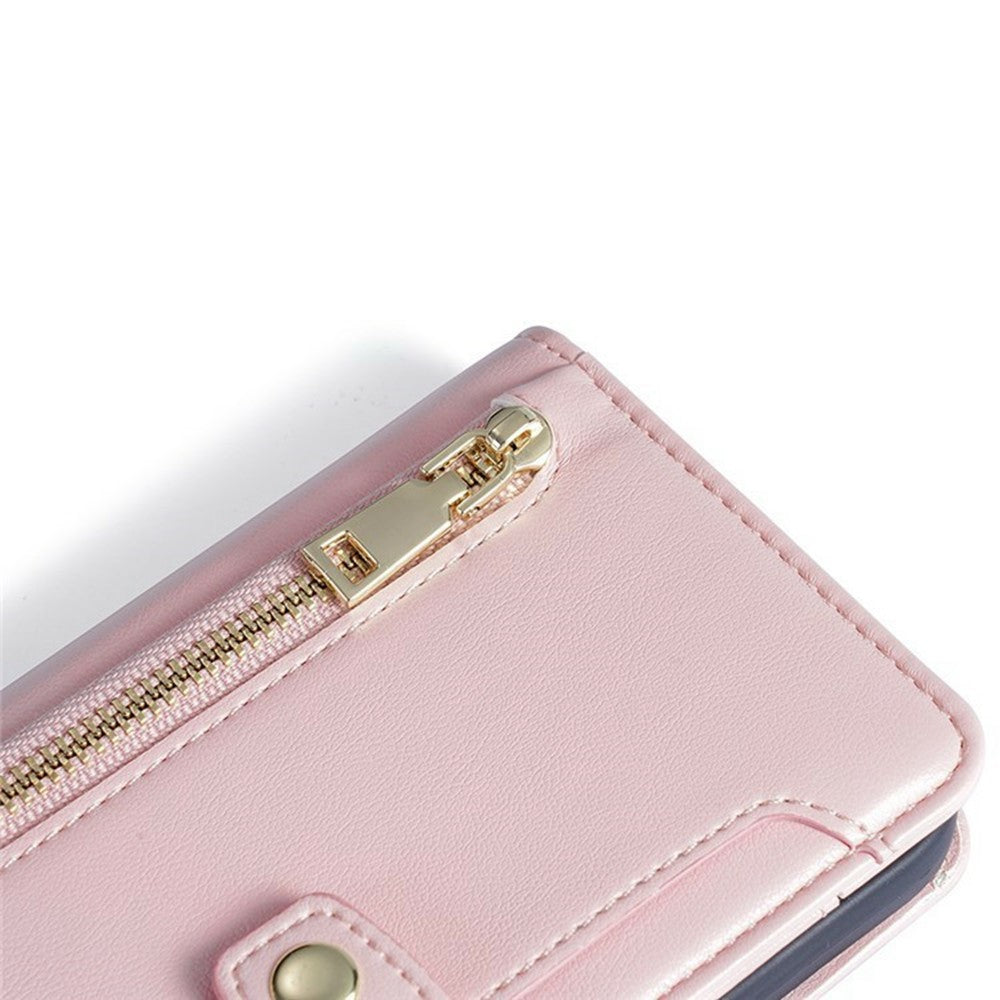 For Xiaomi 17 Pro Max Leather Case Zipper Pocket Wallet Phone Cover with 2 Straps - Pink