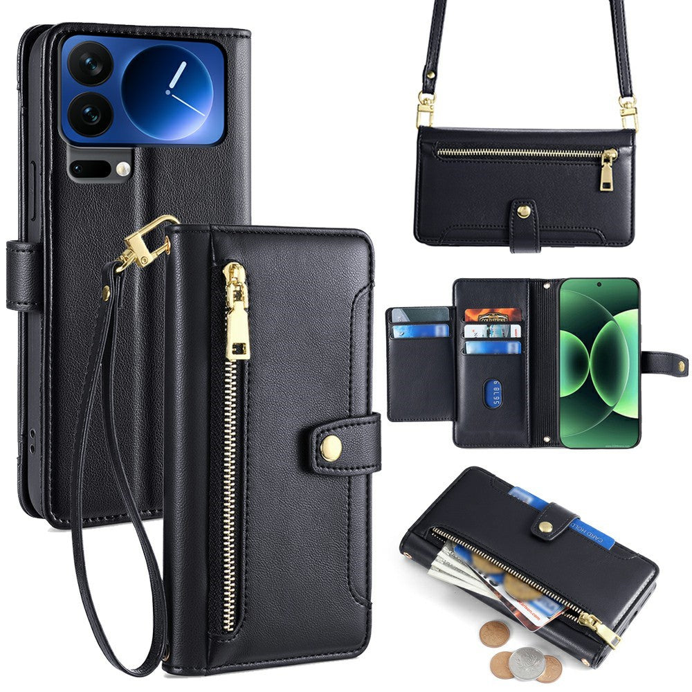 For Xiaomi 17 Pro Max Leather Case Zipper Pocket Wallet Phone Cover with 2 Straps - Black