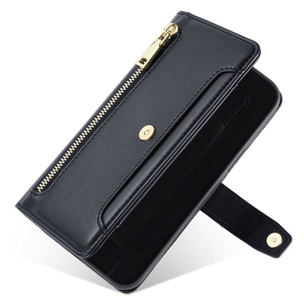 For Xiaomi 17 Pro Max Leather Case Zipper Pocket Wallet Phone Cover with 2 Straps - Black