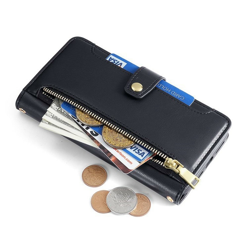 For Xiaomi 17 Pro Max Leather Case Zipper Pocket Wallet Phone Cover with 2 Straps - Black