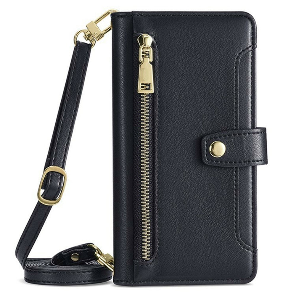 For Xiaomi 17 Pro Max Leather Case Zipper Pocket Wallet Phone Cover with 2 Straps - Black