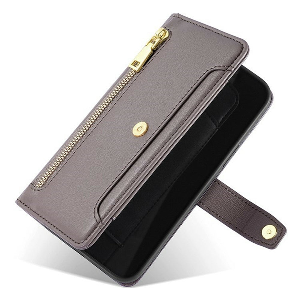 For Xiaomi 17 Pro Max Leather Case Zipper Pocket Wallet Phone Cover with 2 Straps - Grey