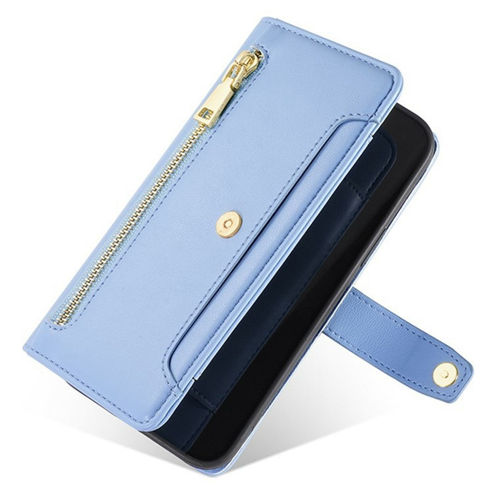 For Xiaomi 17 Pro Max Leather Case Zipper Pocket Wallet Phone Cover with 2 Straps - Blue