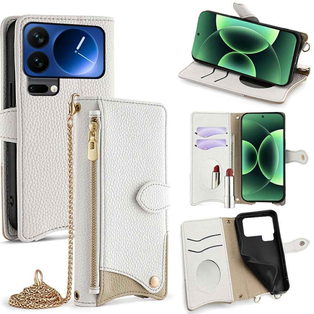 For Xiaomi 17 Pro Leather Case Wallet Stand Cover Irregular Tail Style with Chain Strap - White