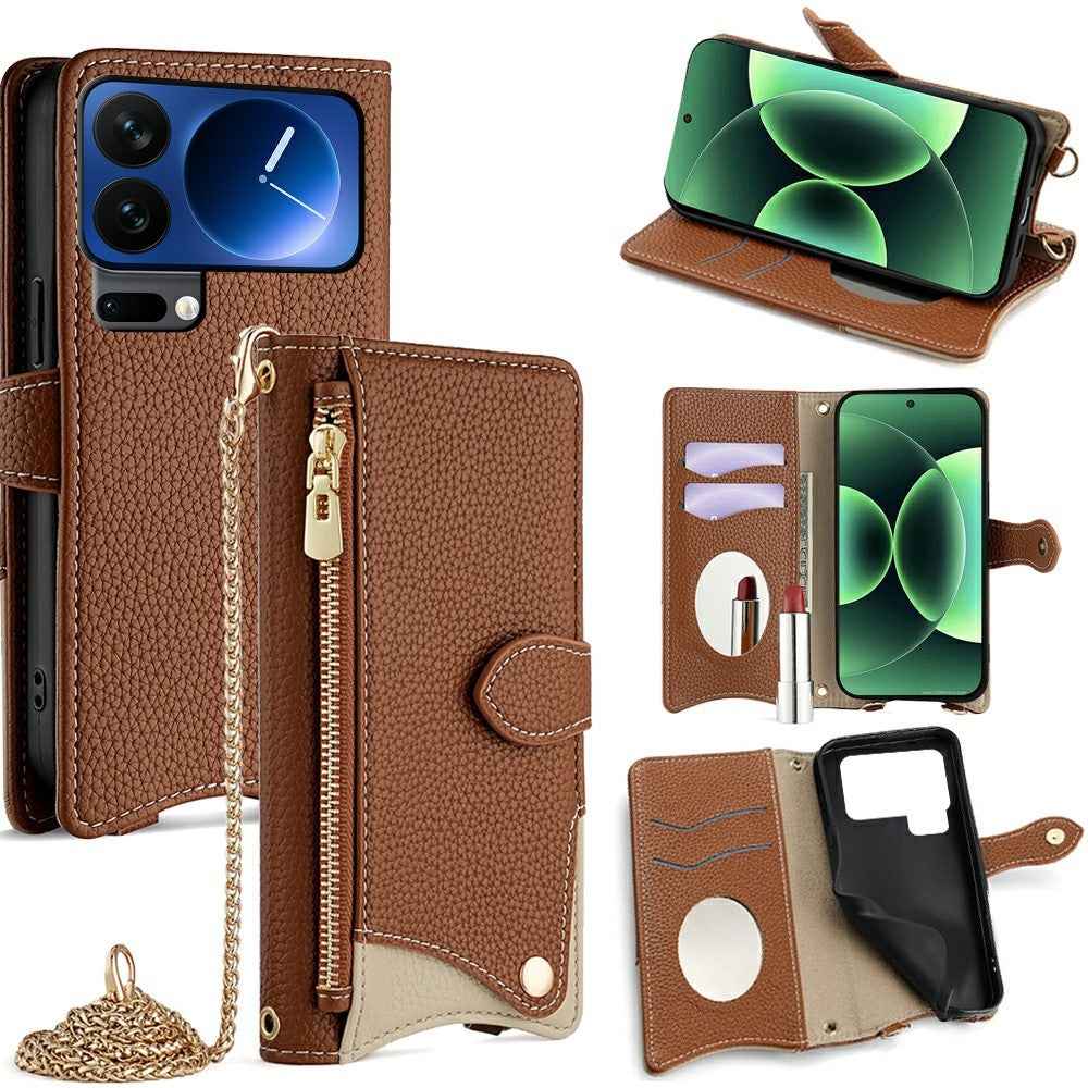 For Xiaomi 17 Pro Leather Case Wallet Stand Cover Irregular Tail Style with Chain Strap - Brown