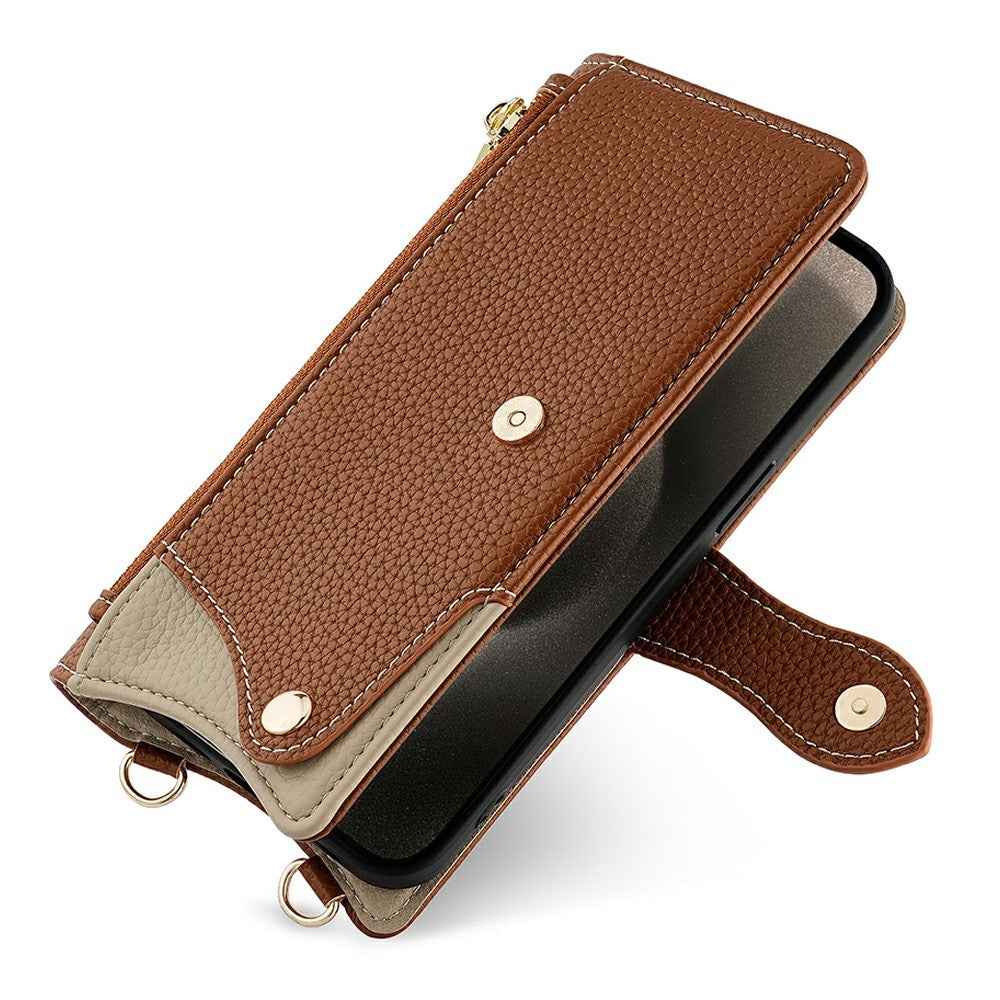 For Xiaomi 17 Pro Leather Case Wallet Stand Cover Irregular Tail Style with Chain Strap - Brown