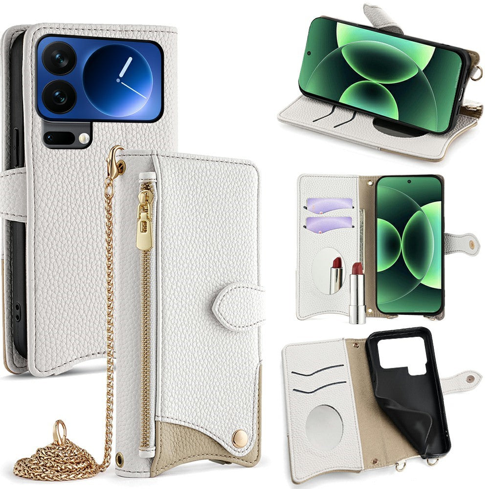 For Xiaomi 17 Pro Max Leather Case Wallet Stand Cover Irregular Tail Style with Chain Strap - White