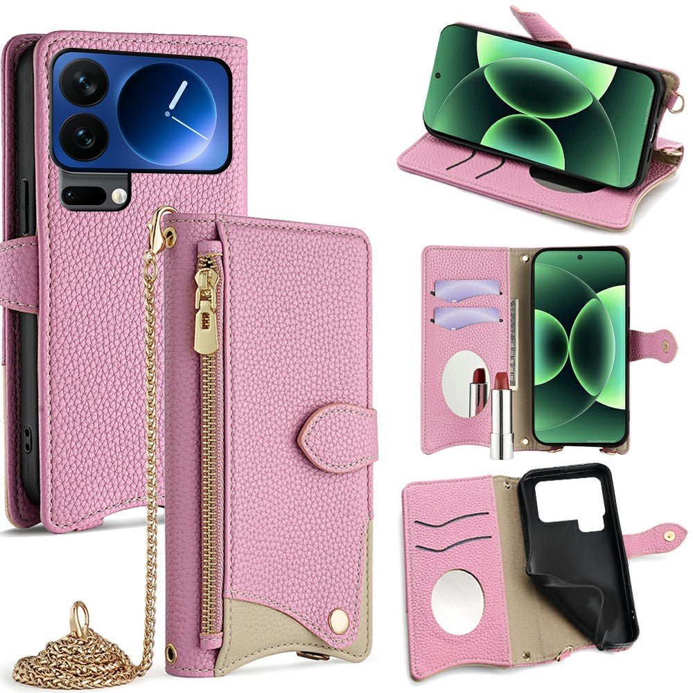 For Xiaomi 17 Pro Max Leather Case Wallet Stand Cover Irregular Tail Style with Chain Strap - Pink