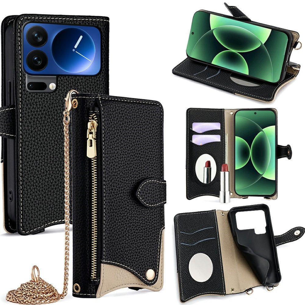 For Xiaomi 17 Pro Max Leather Case Wallet Stand Cover Irregular Tail Style with Chain Strap - Black