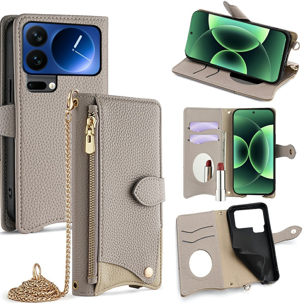 For Xiaomi 17 Pro Max Leather Case Wallet Stand Cover Irregular Tail Style with Chain Strap - Grey