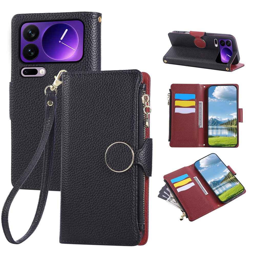 For Xiaomi 17 Pro Case Zipper Wallet Leather Phone Cover with Wrist Strap - Black