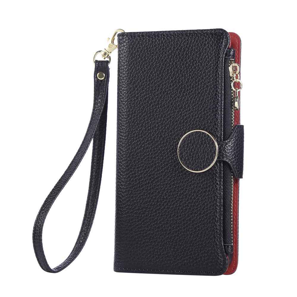 For Xiaomi 17 Pro Case Zipper Wallet Leather Phone Cover with Wrist Strap - Black