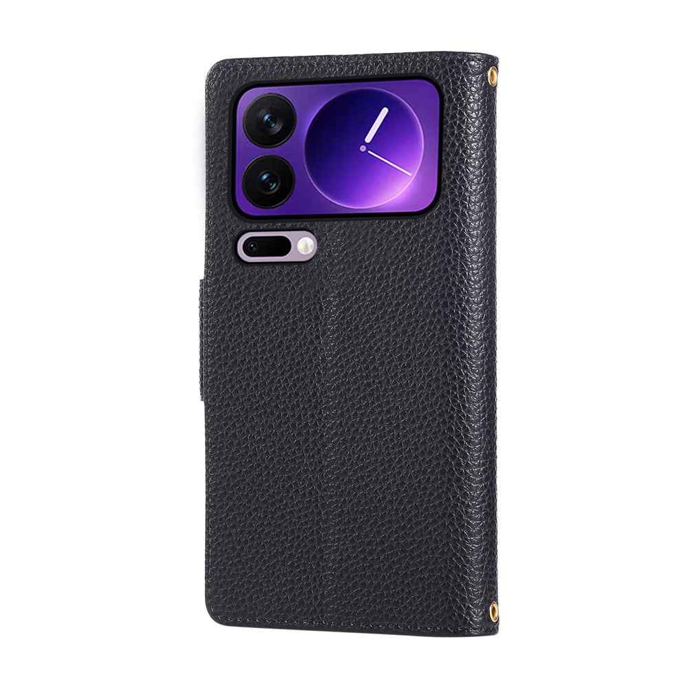 For Xiaomi 17 Pro Case Zipper Wallet Leather Phone Cover with Wrist Strap - Black