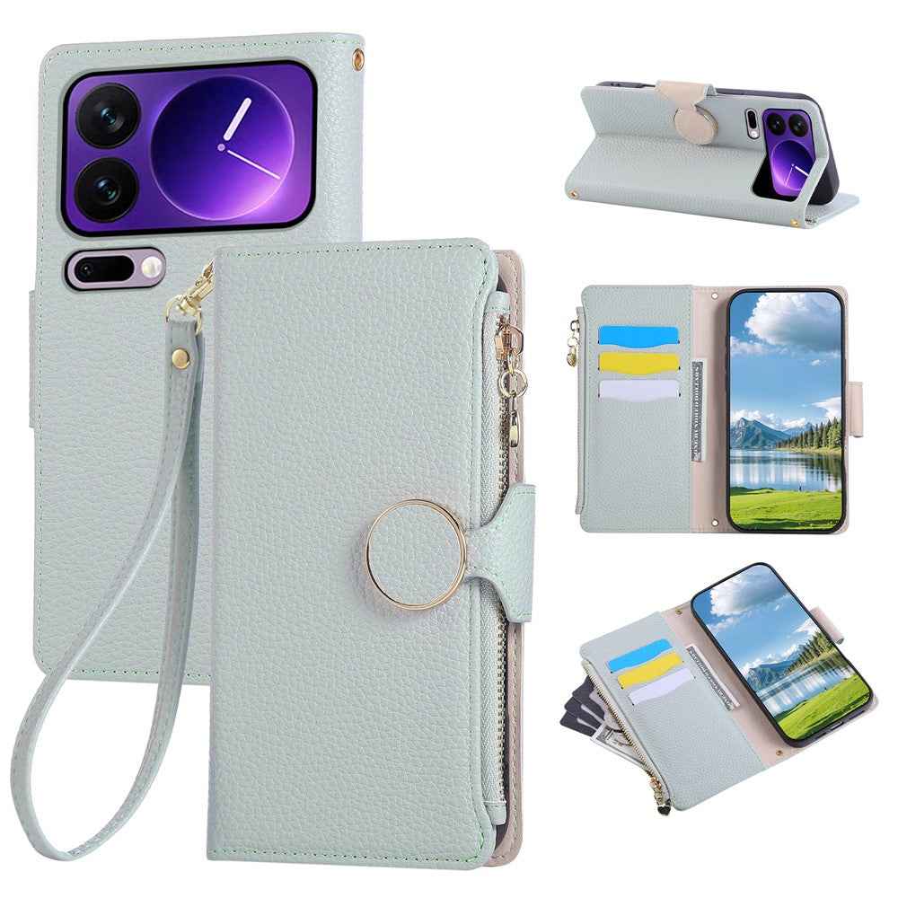 For Xiaomi 17 Pro Case Zipper Wallet Leather Phone Cover with Wrist Strap - Cyan