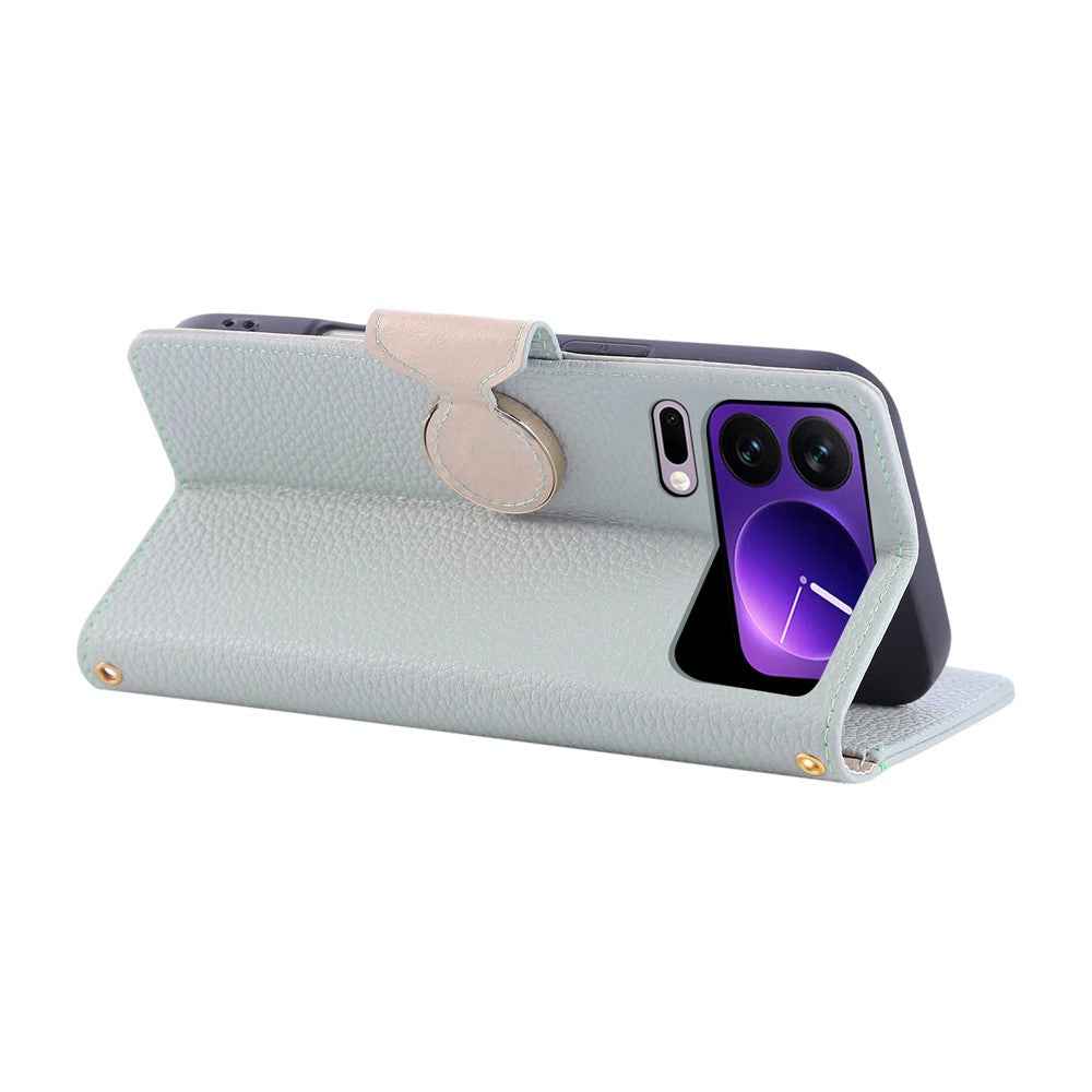 For Xiaomi 17 Pro Case Zipper Wallet Leather Phone Cover with Wrist Strap - Cyan
