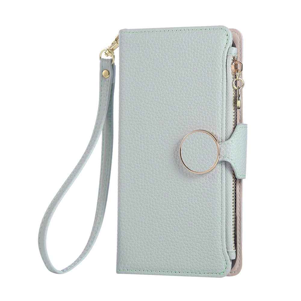 For Xiaomi 17 Pro Case Zipper Wallet Leather Phone Cover with Wrist Strap - Cyan