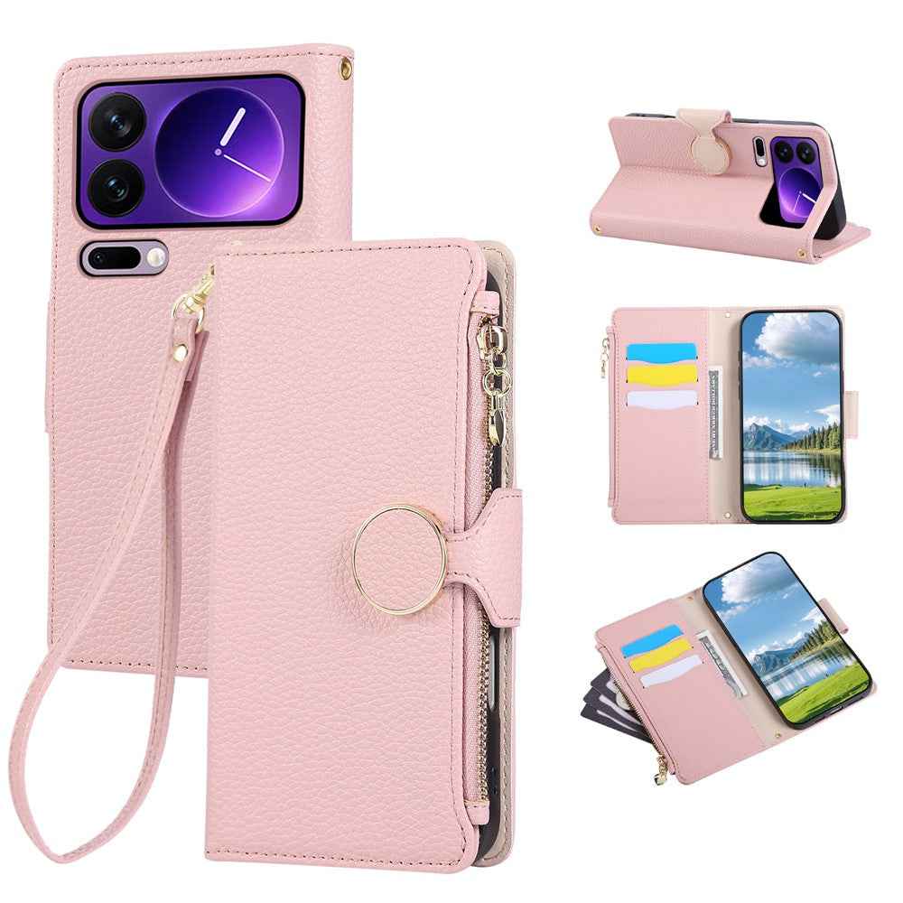 For Xiaomi 17 Pro Case Zipper Wallet Leather Phone Cover with Wrist Strap - Pink