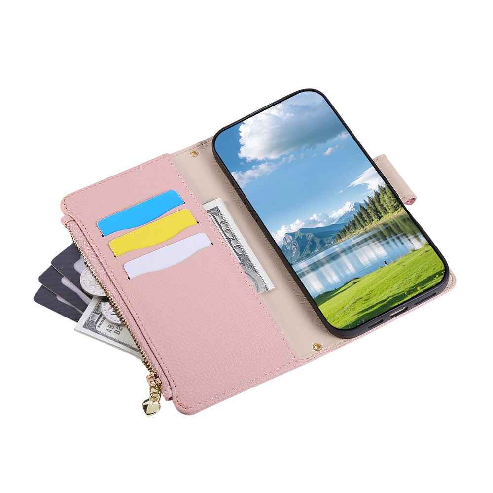 For Xiaomi 17 Pro Case Zipper Wallet Leather Phone Cover with Wrist Strap - Pink