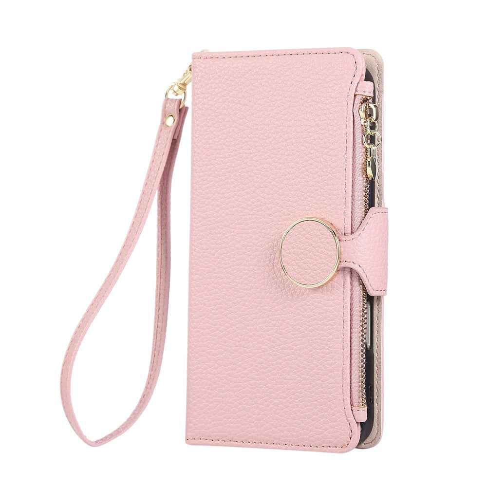 For Xiaomi 17 Pro Case Zipper Wallet Leather Phone Cover with Wrist Strap - Pink