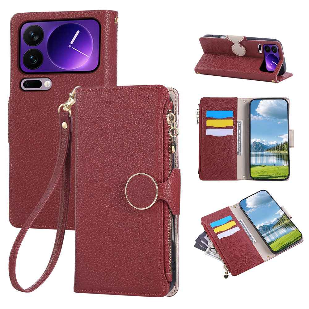 For Xiaomi 17 Pro Case Zipper Wallet Leather Phone Cover with Wrist Strap - Wine Red