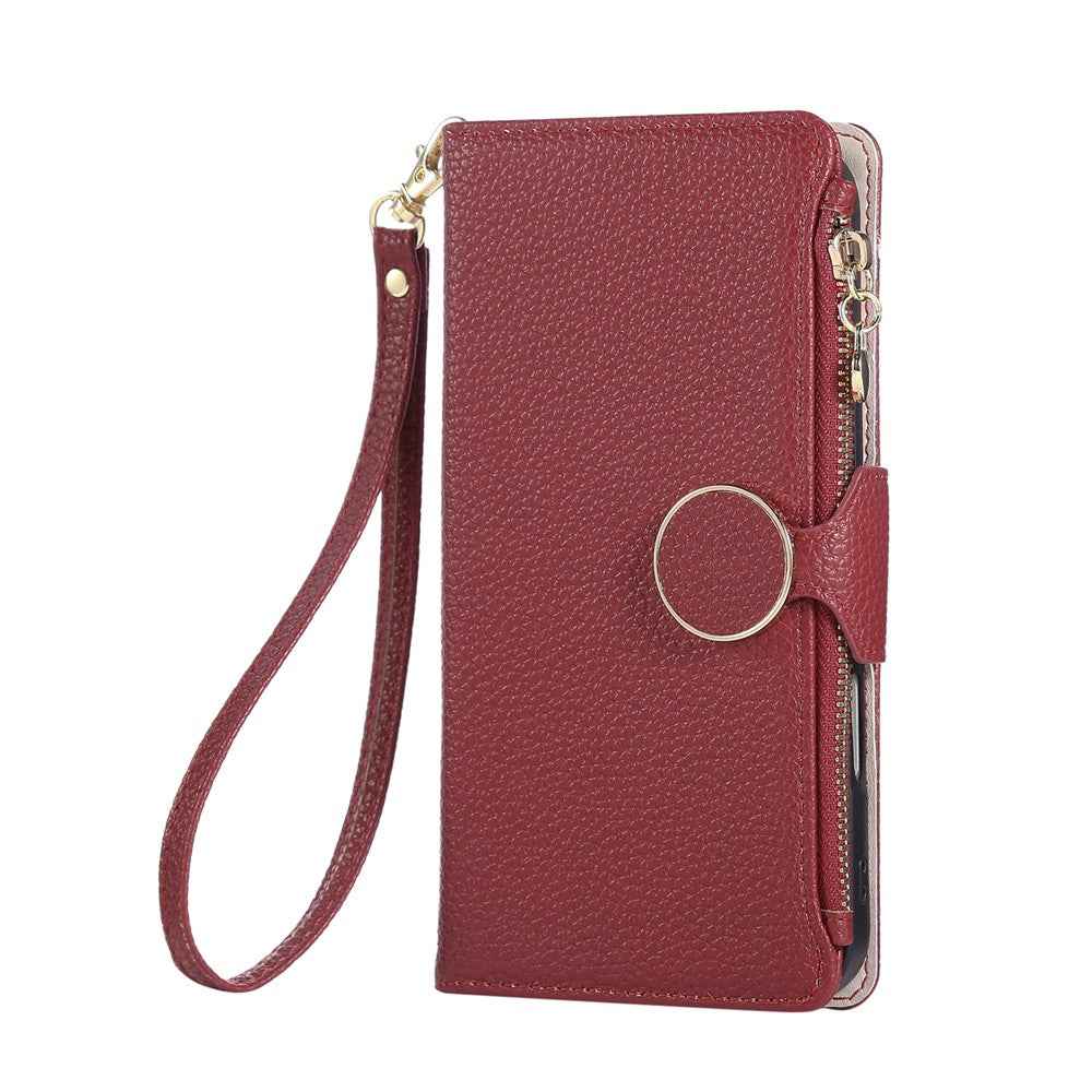 For Xiaomi 17 Pro Case Zipper Wallet Leather Phone Cover with Wrist Strap - Wine Red
