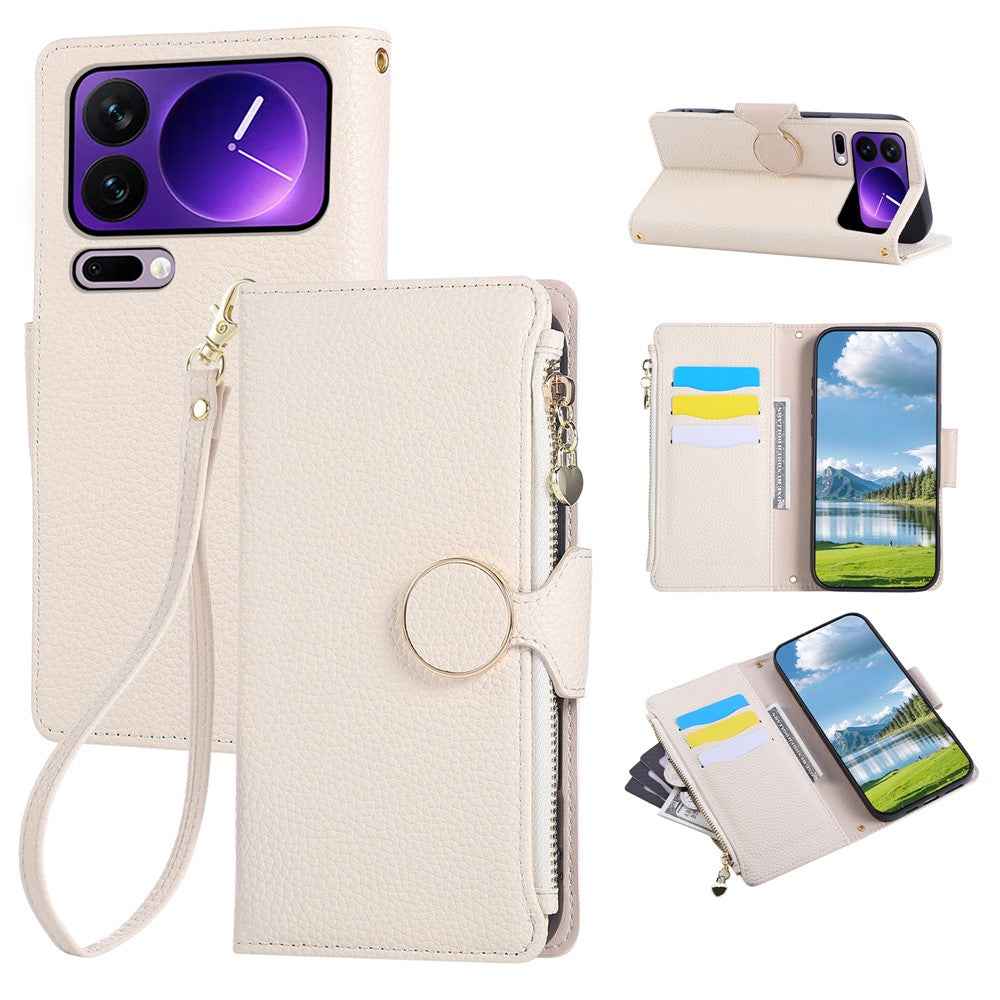 For Xiaomi 17 Pro Case Zipper Wallet Leather Phone Cover with Wrist Strap - Beige