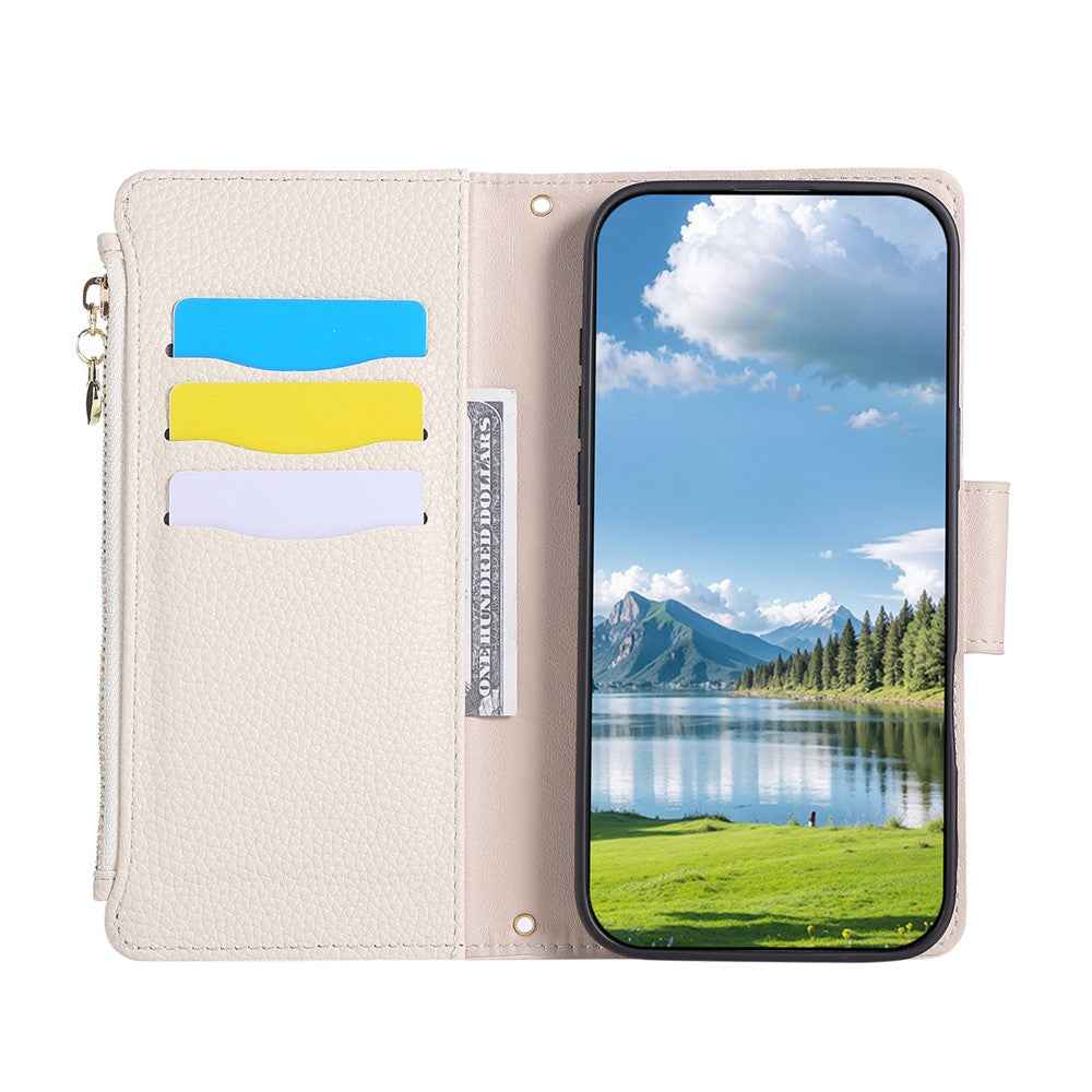 For Xiaomi 17 Pro Case Zipper Wallet Leather Phone Cover with Wrist Strap - Beige