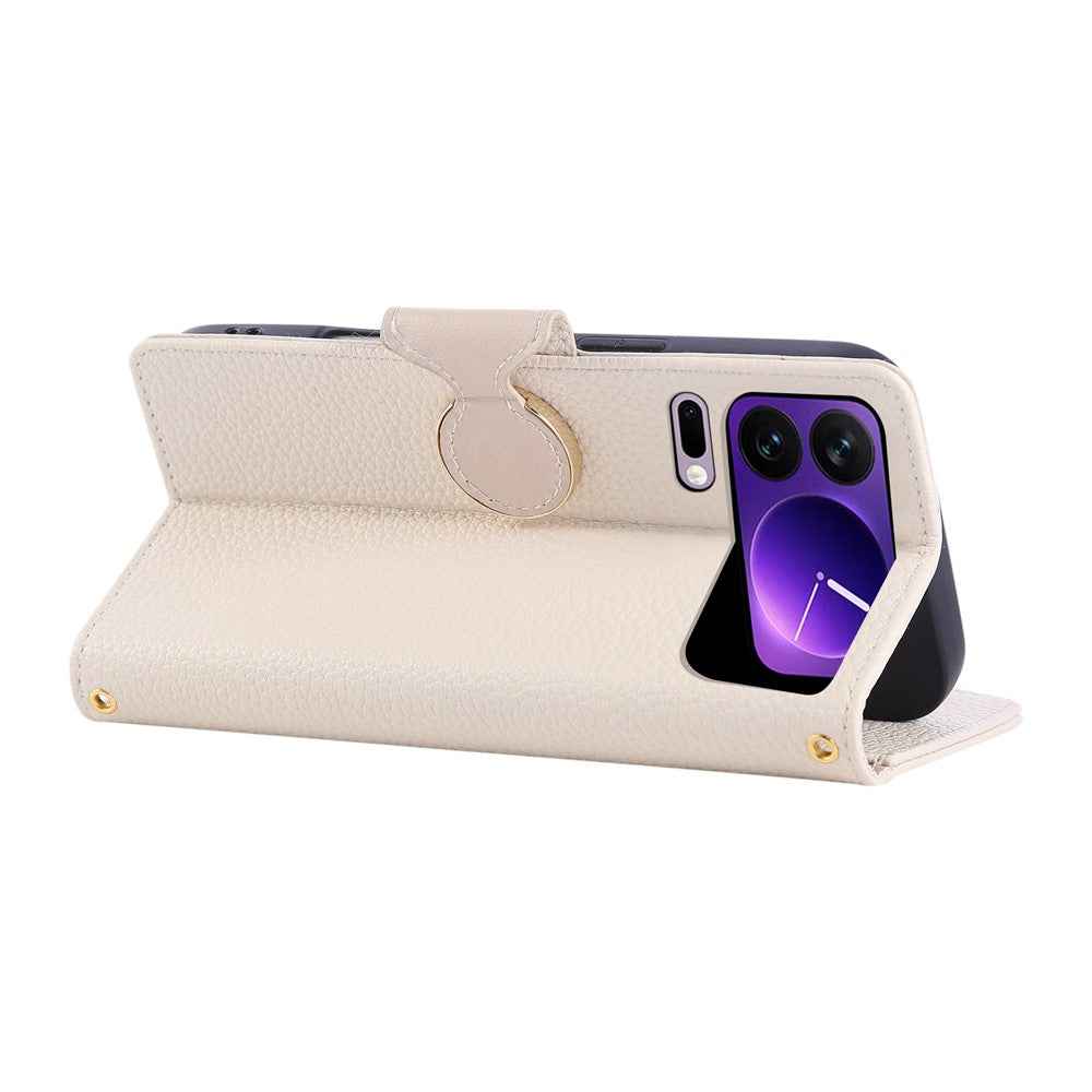 For Xiaomi 17 Pro Case Zipper Wallet Leather Phone Cover with Wrist Strap - Beige