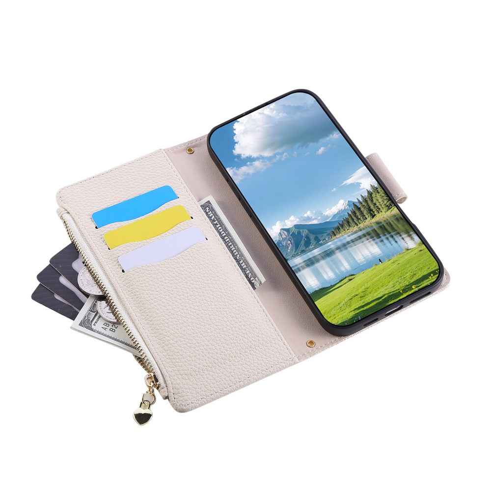 For Xiaomi 17 Pro Case Zipper Wallet Leather Phone Cover with Wrist Strap - Beige