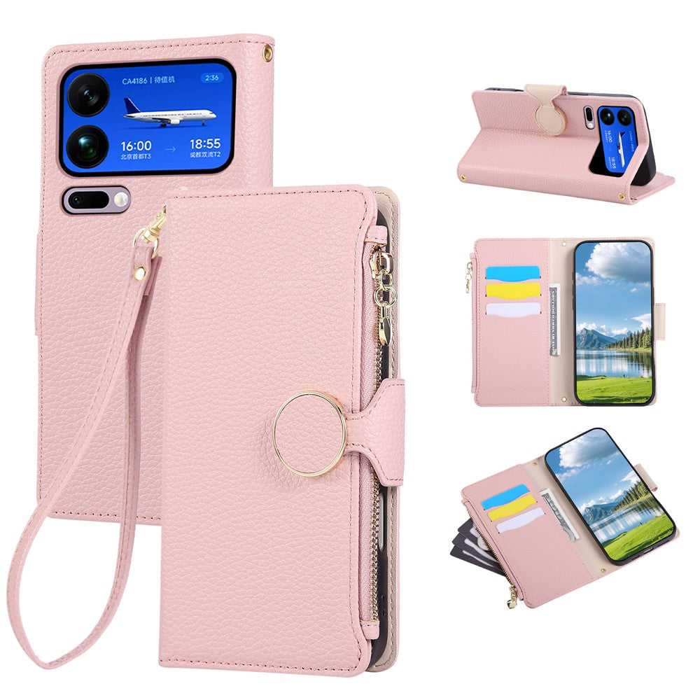 For Xiaomi 17 Pro Max Case Zipper Wallet Leather Phone Cover with Wrist Strap - Pink