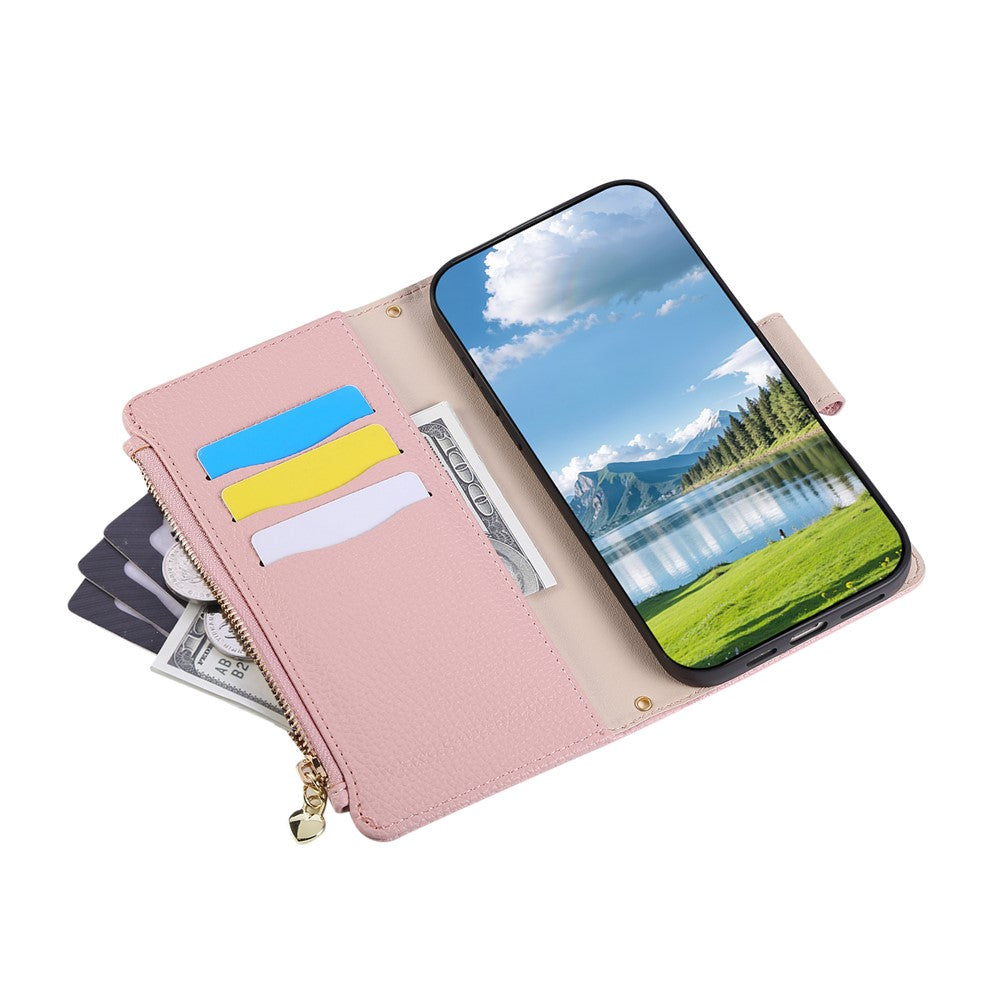 For Xiaomi 17 Pro Max Case Zipper Wallet Leather Phone Cover with Wrist Strap - Pink