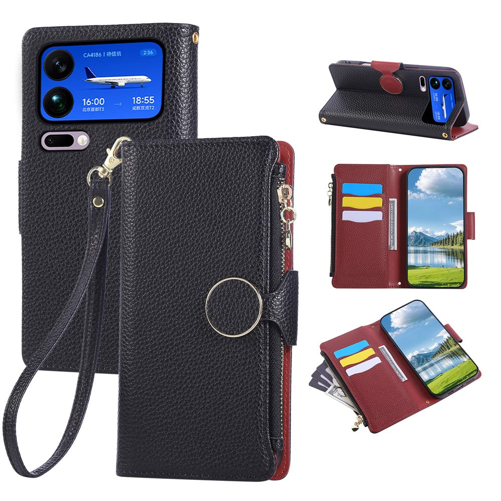 For Xiaomi 17 Pro Max Case Zipper Wallet Leather Phone Cover with Wrist Strap - Black