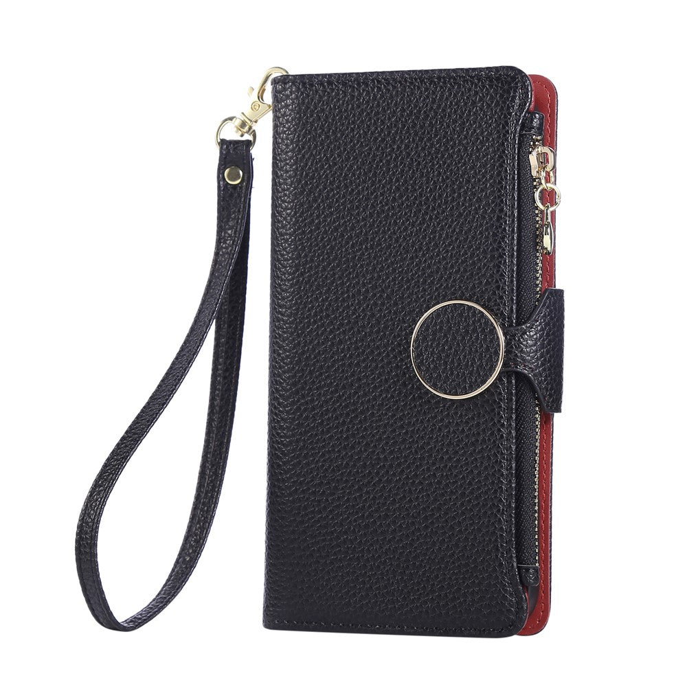 For Xiaomi 17 Pro Max Case Zipper Wallet Leather Phone Cover with Wrist Strap - Black