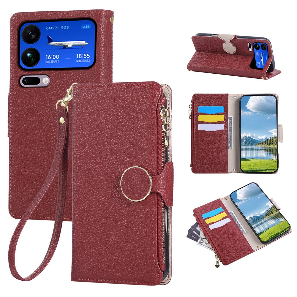 For Xiaomi 17 Pro Max Case Zipper Wallet Leather Phone Cover with Wrist Strap - Wine Red