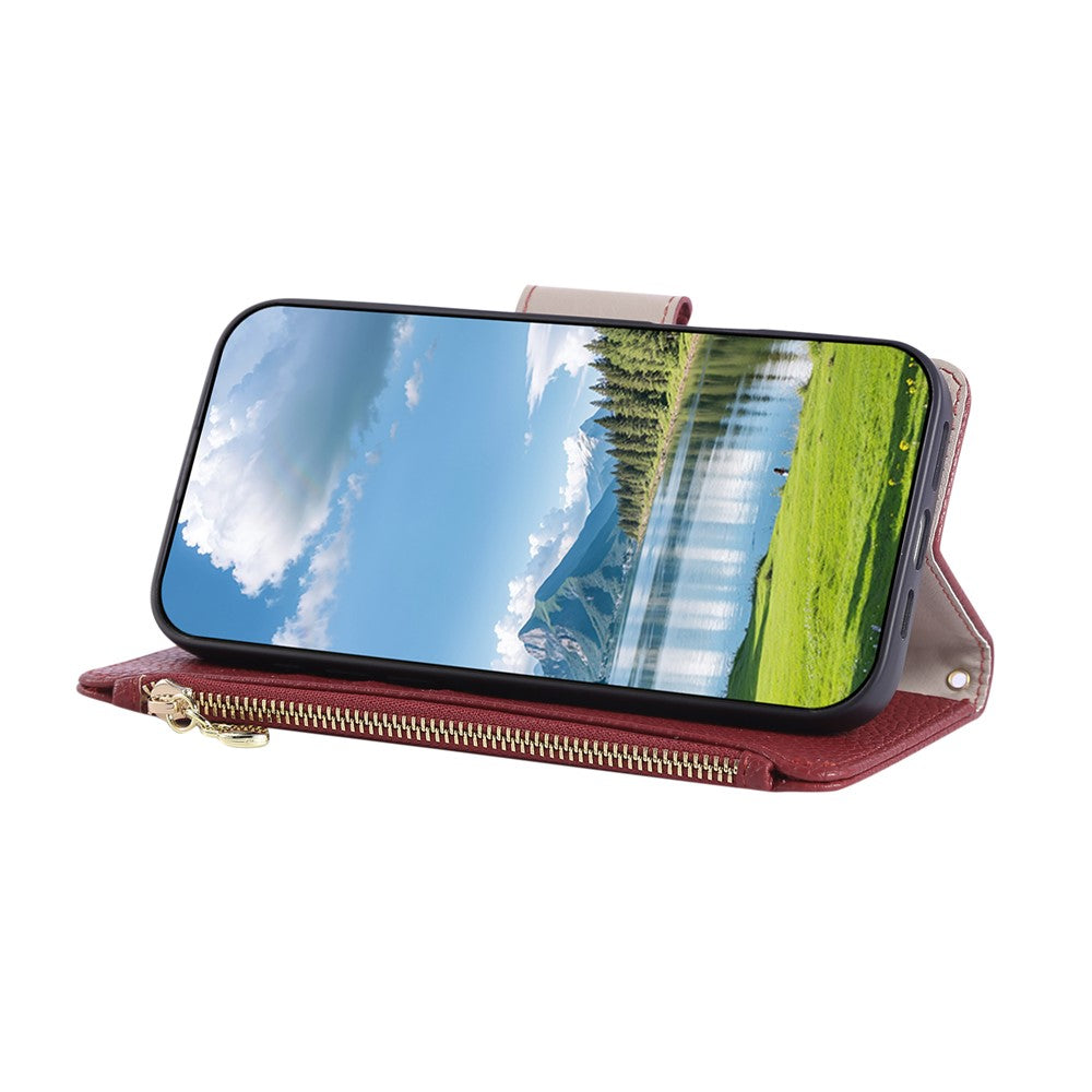 For Xiaomi 17 Pro Max Case Zipper Wallet Leather Phone Cover with Wrist Strap - Wine Red