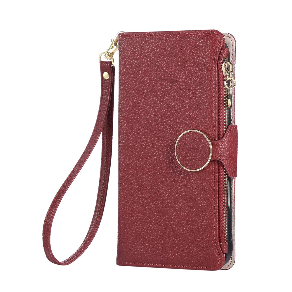 For Xiaomi 17 Pro Max Case Zipper Wallet Leather Phone Cover with Wrist Strap - Wine Red
