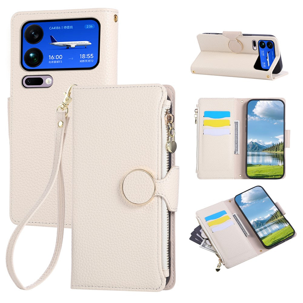 For Xiaomi 17 Pro Max Case Zipper Wallet Leather Phone Cover with Wrist Strap - Beige