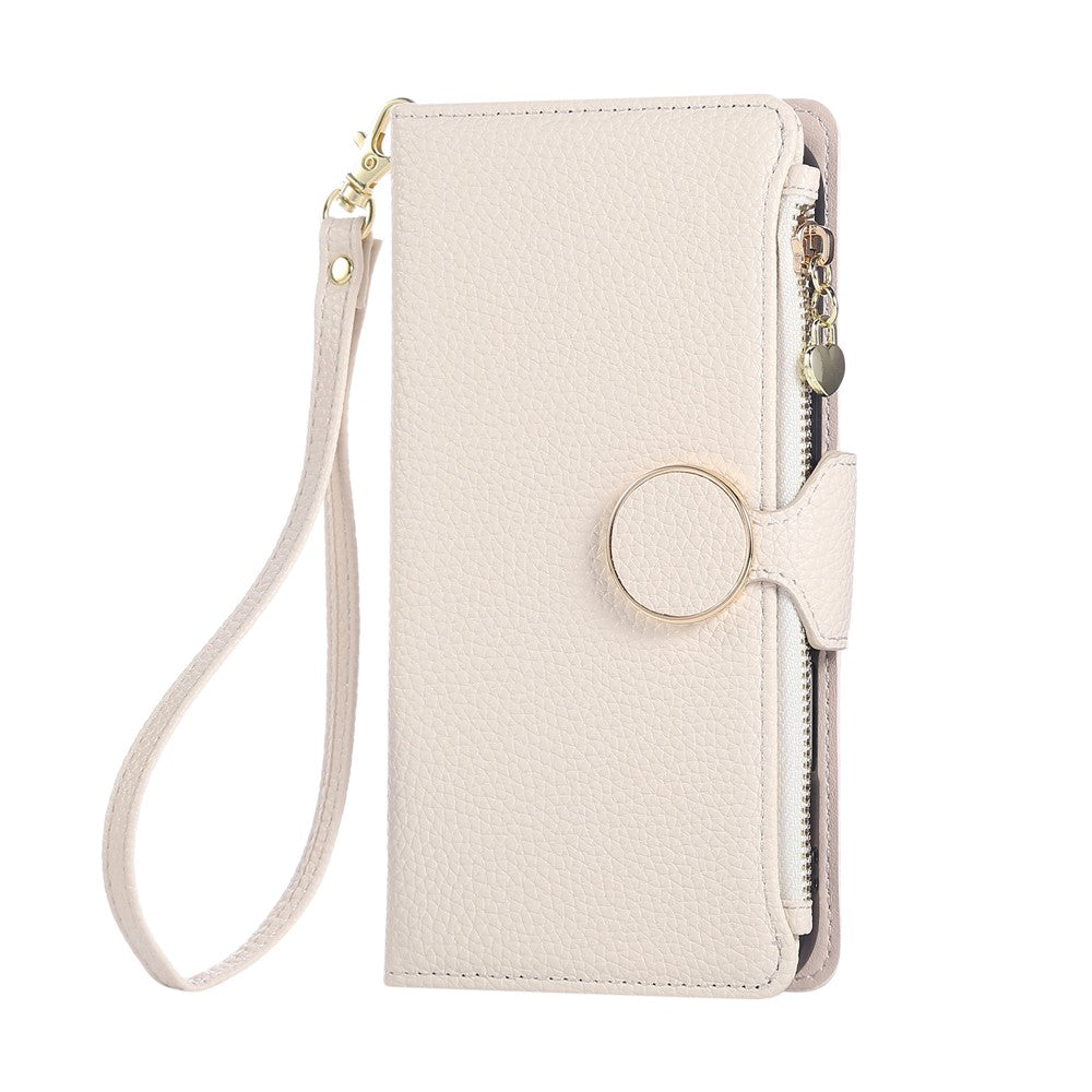 For Xiaomi 17 Pro Max Case Zipper Wallet Leather Phone Cover with Wrist Strap - Beige