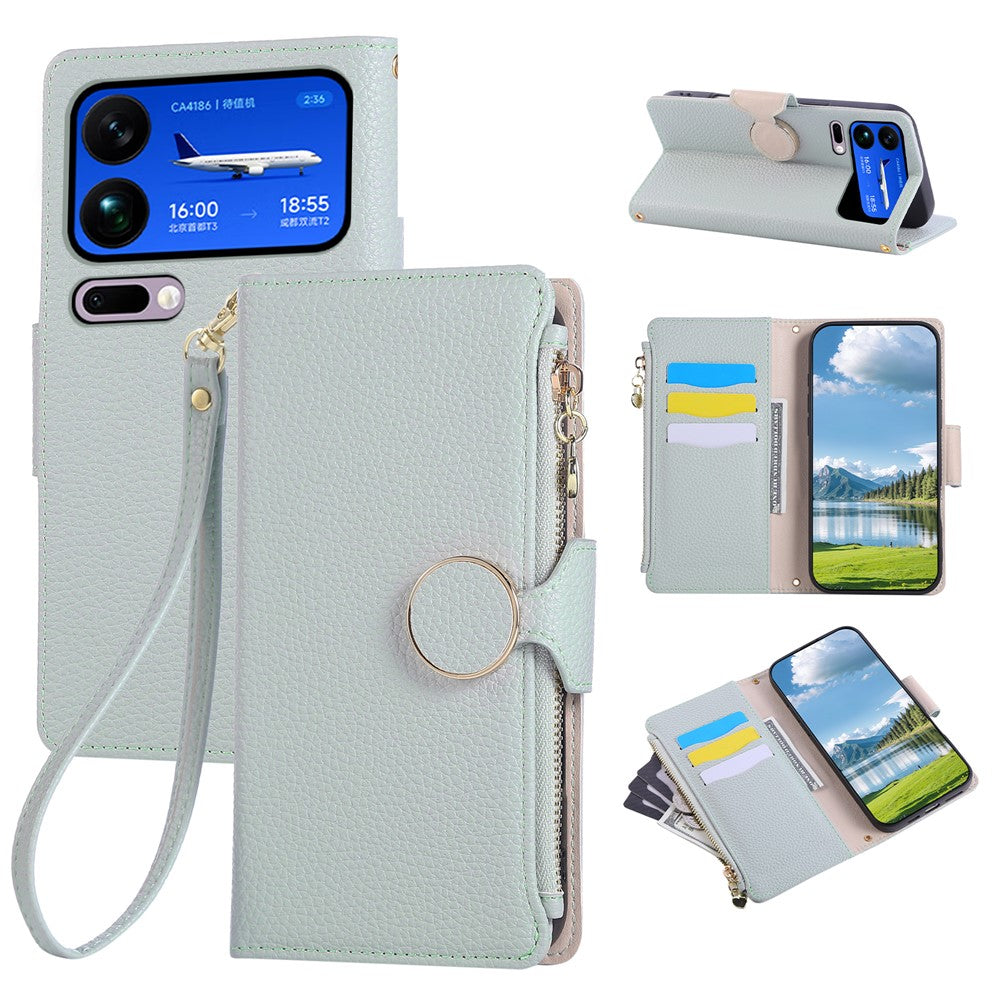 For Xiaomi 17 Pro Max Case Zipper Wallet Leather Phone Cover with Wrist Strap - Cyan