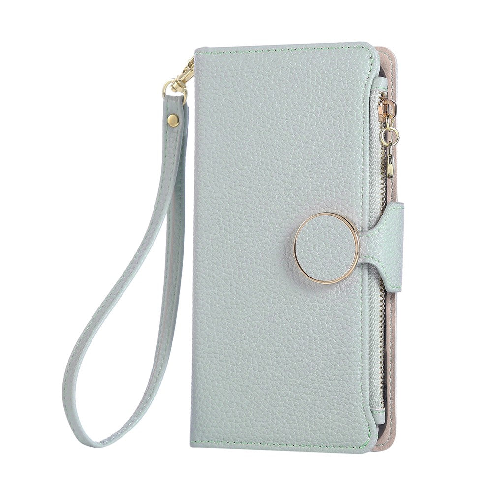 For Xiaomi 17 Pro Max Case Zipper Wallet Leather Phone Cover with Wrist Strap - Cyan