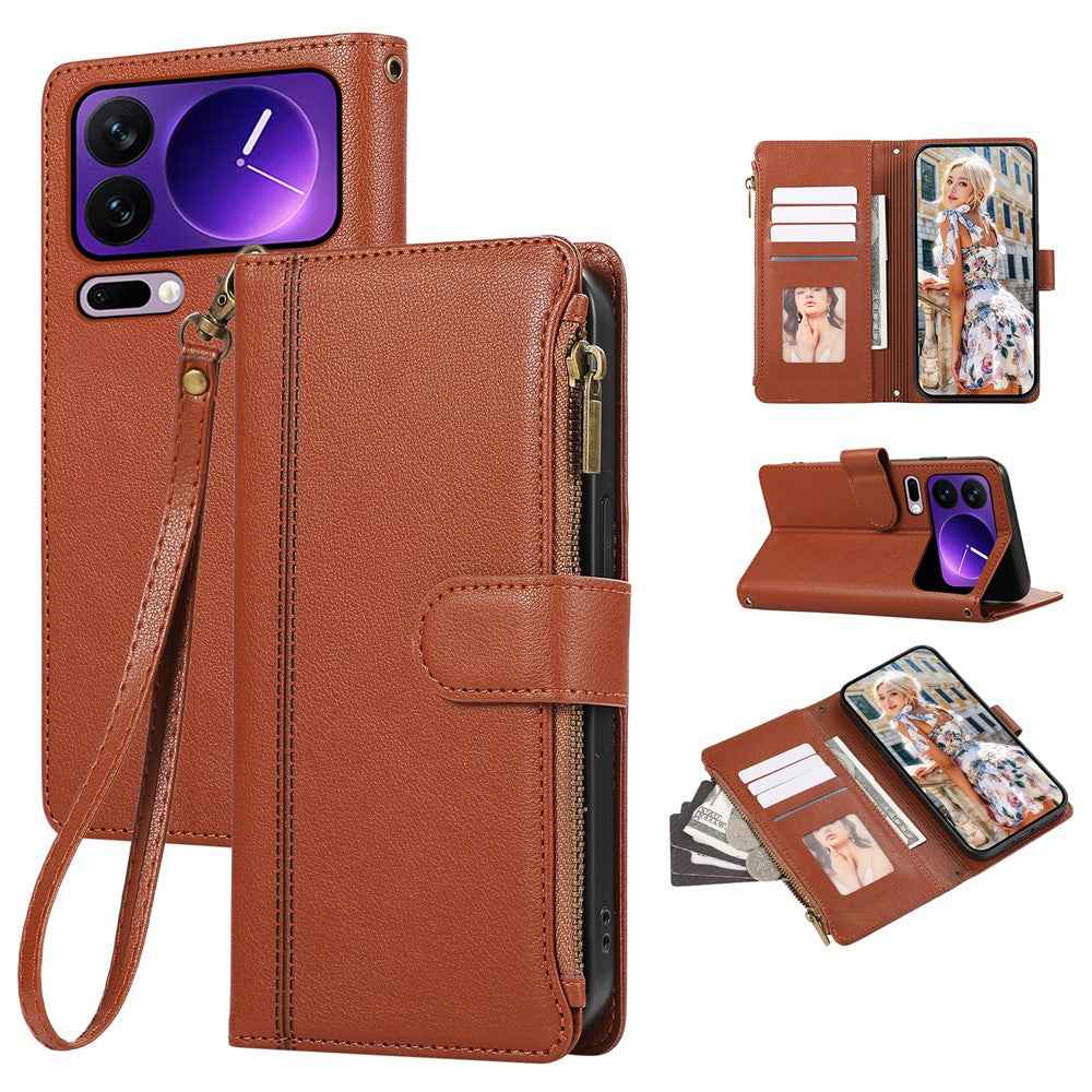 For Xiaomi 17 Pro Case Multi Card Slots Zipper Leather Phone Cover with Wrist Strap - Brown