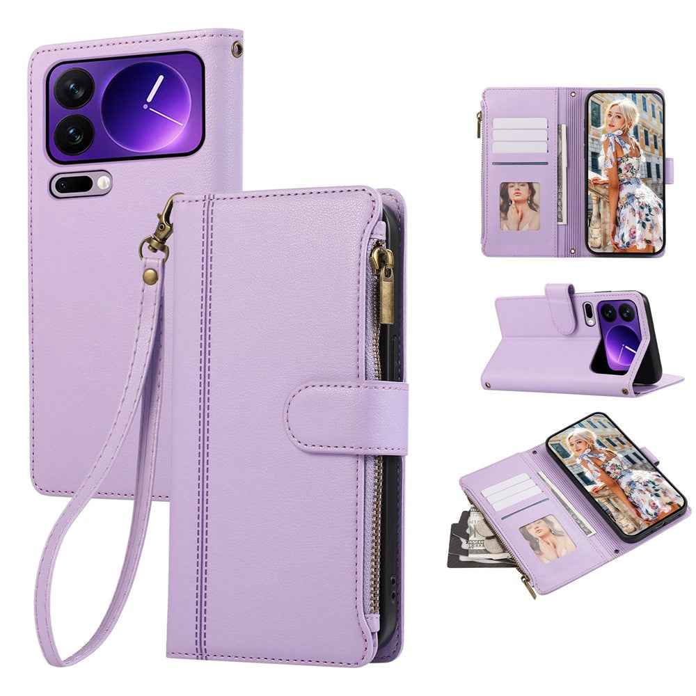 For Xiaomi 17 Pro Case Multi Card Slots Zipper Leather Phone Cover with Wrist Strap - Purple