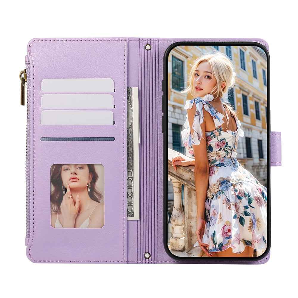 For Xiaomi 17 Pro Case Multi Card Slots Zipper Leather Phone Cover with Wrist Strap - Purple