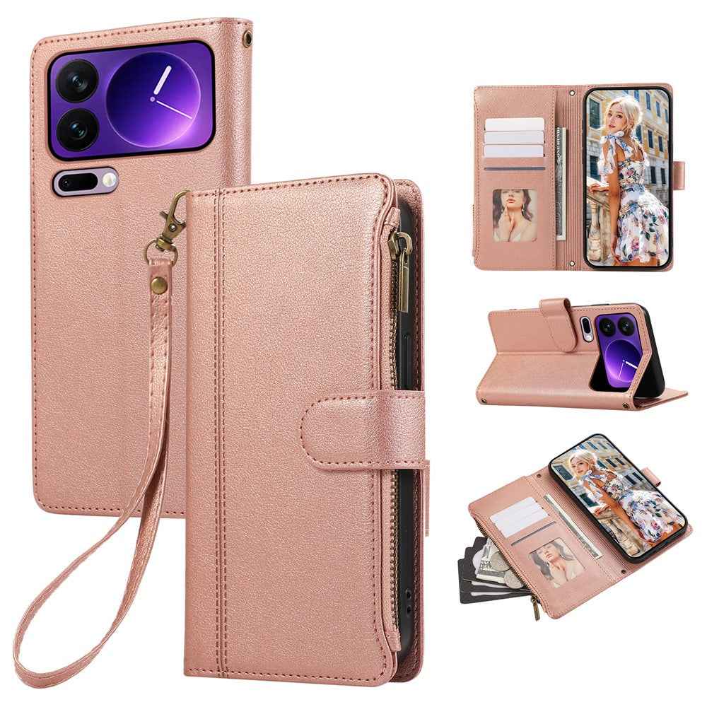 For Xiaomi 17 Pro Case Multi Card Slots Zipper Leather Phone Cover with Wrist Strap - Rose Gold