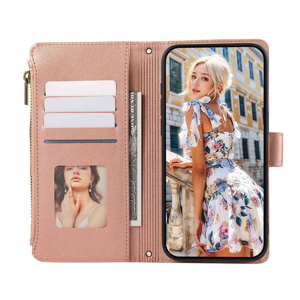 For Xiaomi 17 Pro Case Multi Card Slots Zipper Leather Phone Cover with Wrist Strap - Rose Gold