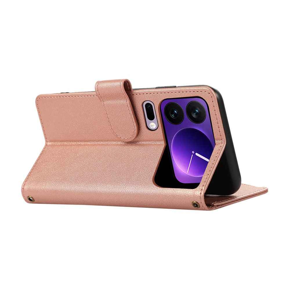 For Xiaomi 17 Pro Case Multi Card Slots Zipper Leather Phone Cover with Wrist Strap - Rose Gold
